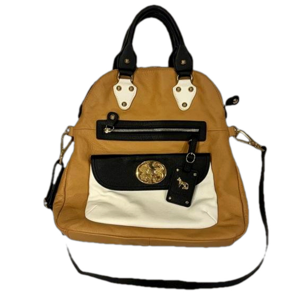 Emma Fox EUC Tan Black Soft Leather Detachable Strap Fold Over Hobo Handbag